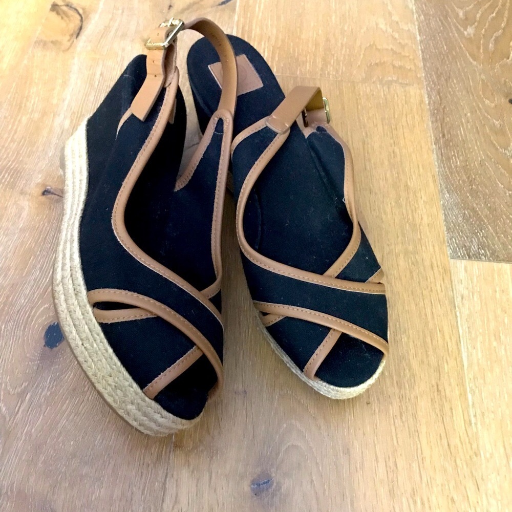 Tory Burch Black and Tan Espadrilles Size 10 Wedge Majorca Sandal